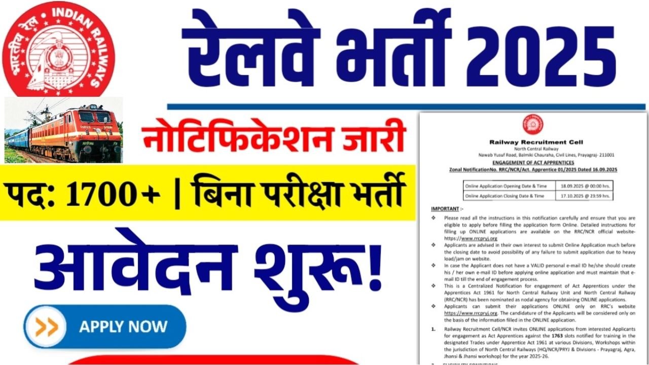 Railway Vacancy 2025 : रेलवे में 1700 + पदों पर बिना परीक्षा भर्ती, दसवीं पास ITI वालों के लिए सुनहरा मौका